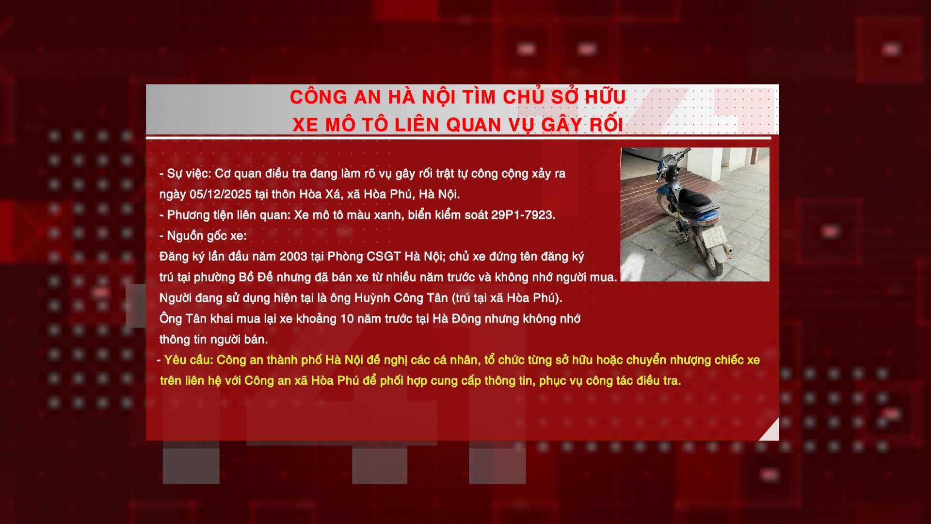 Công an Hà Nội tìm chủ sở hữu xe mô tô liên quan vụ gây rối trật tự công cộng