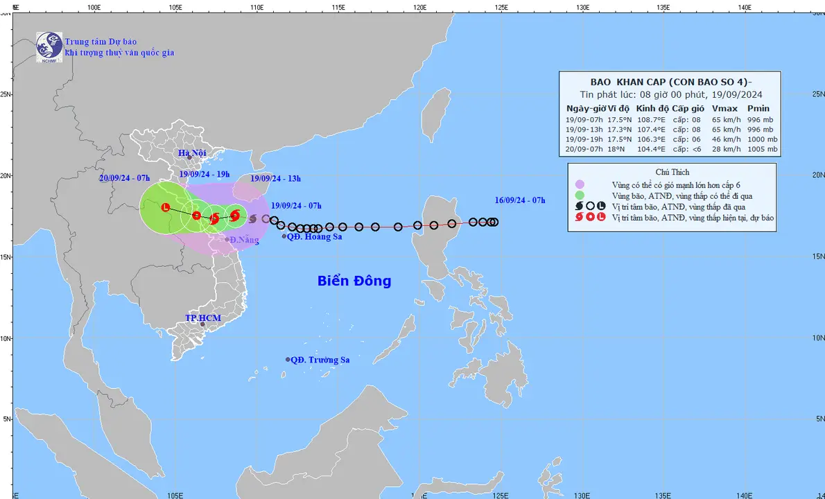 Hình ảnh vị trí và đường đi của bão số 4. Nguồn: TTDBKTTVQG