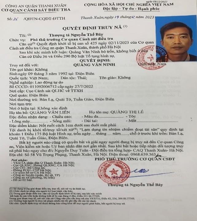 Thông báo truy nã của Công an quận Thanh Xuân